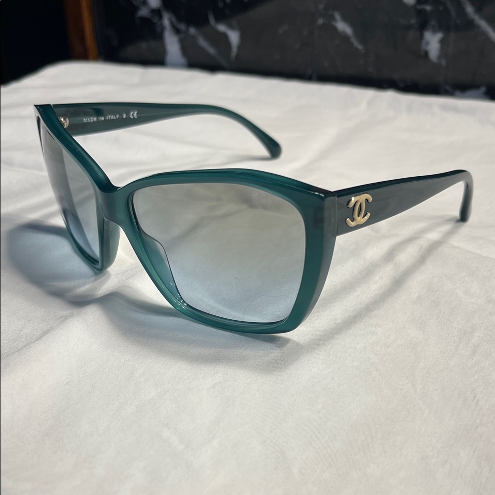 CHANEL Green Gradient Square Sunglasses with Gold CC Accents